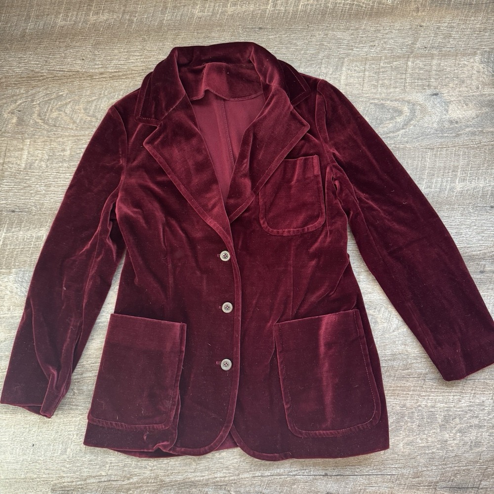 Vintage ILGWU Velvet Blazer Jacket Size 16 Slim Burgundy Red Patch Pocket USA